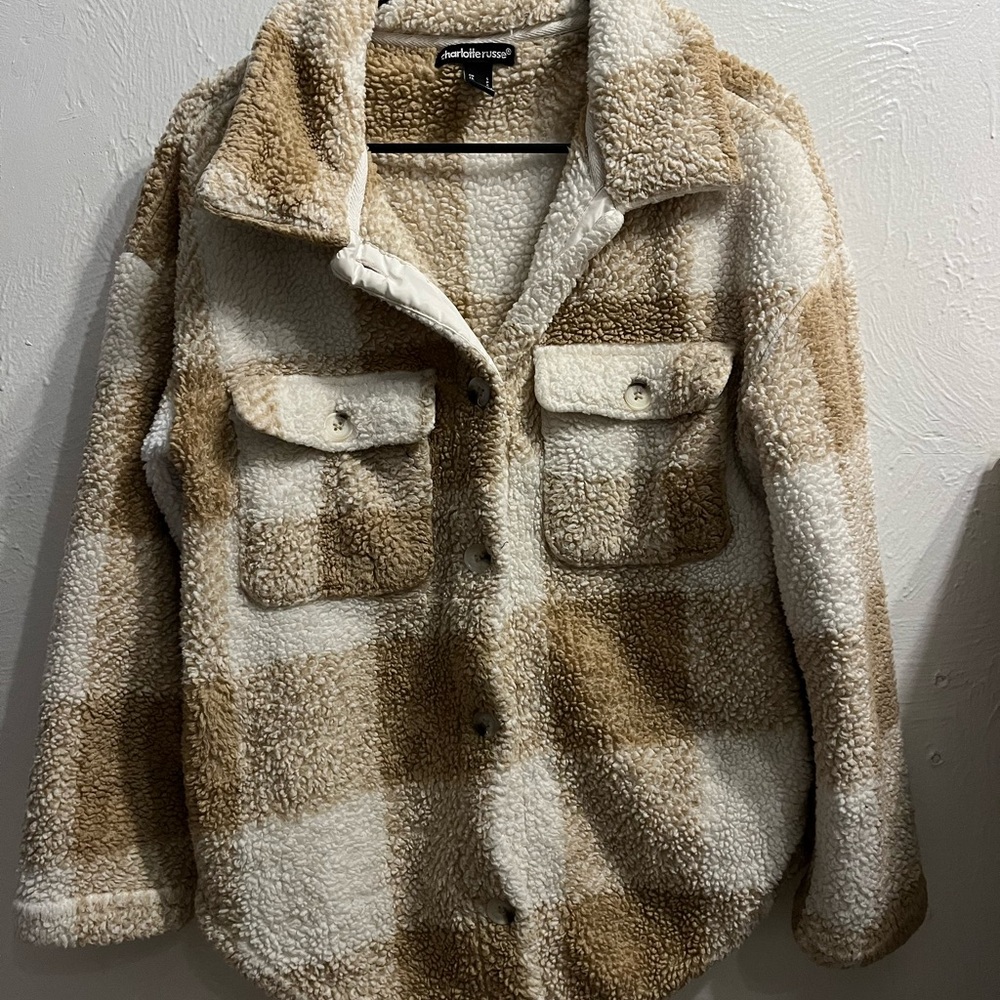 Charlotte Russe Tan and Cream Teddy Jacket Plush Cozy Style